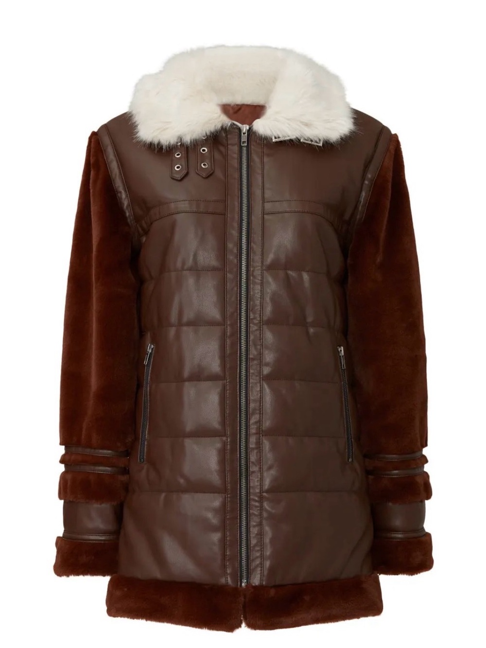 Chestnut Brown Quilted Puffer Coat with Cream Faux-Shearling Collar